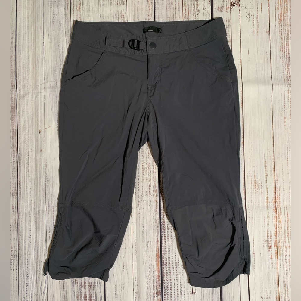 PrAna Knicker belted crop pants, low rise. Dark gray. Size 6.